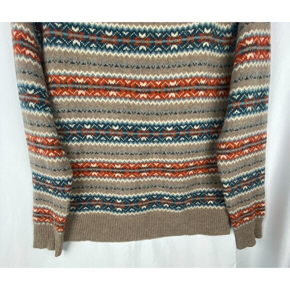 J.CREW Sweater Mens Medium Tan Orange Blue Fair Isle Stripe 100% Lambswool Soft - Picture 3 of 11